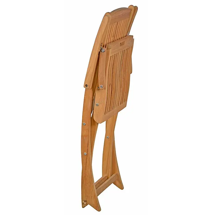 Klappstuhl Holz Teak Balkonstuhl Massivholz Gartenstuhl klappbar edel -  - Ein hellbrauner Holzklappstuhl, vertikal zur Aufbewahrung zusammengeklappt.