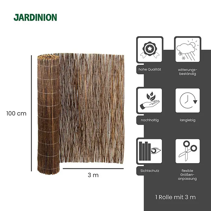 Jardinion Sichtschutz aus Weide 3m x 1m Braun Weidezaunmatte -  - Eine gerollte braune JARDINION Schilfmatte, 100 cm hoch und 3 m lang, mit Symbolen für Eigenschaften wie Sichtschutz und Witterungsbeständigkeit.