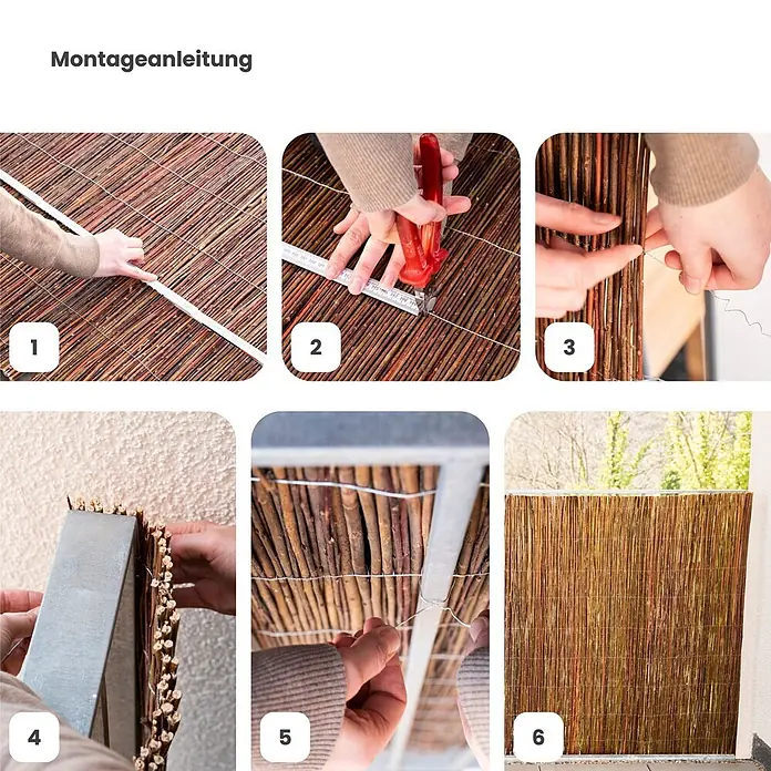 Jardinion Sichtschutz aus Weide 3m x 1,50m Braun Weidezaunmatte -  - Montageanleitung für einen Sichtschutz aus Naturruten, zeigt Schritte zum Messen, Schneiden und Anbringen an einem Balkongeländer.