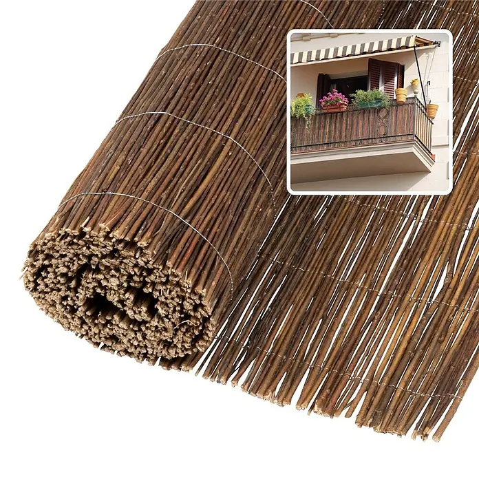 Jardinion Sichtschutz aus Weide 3m x 1,50m Braun Weidezaunmatte -  - Gerollter brauner Bambus-Sichtschutz, drahtgebunden, mit Einblendung einer Balkonanwendung.