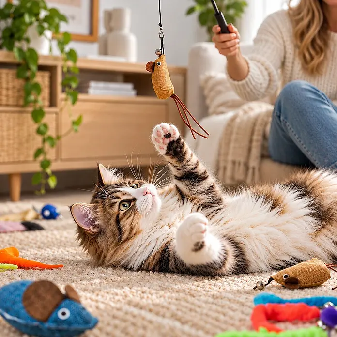 belviona Katzenspielangel ausziehbar mit 13 Anhängern, Federn & Mäusen -  - Eine flauschige Katze spielt mit einem beigefarbenen Stoffmäuse-Katzenspielzeug an einer Schnur, das von einer Person gehalten wird, weitere Spielzeuge liegen herum.