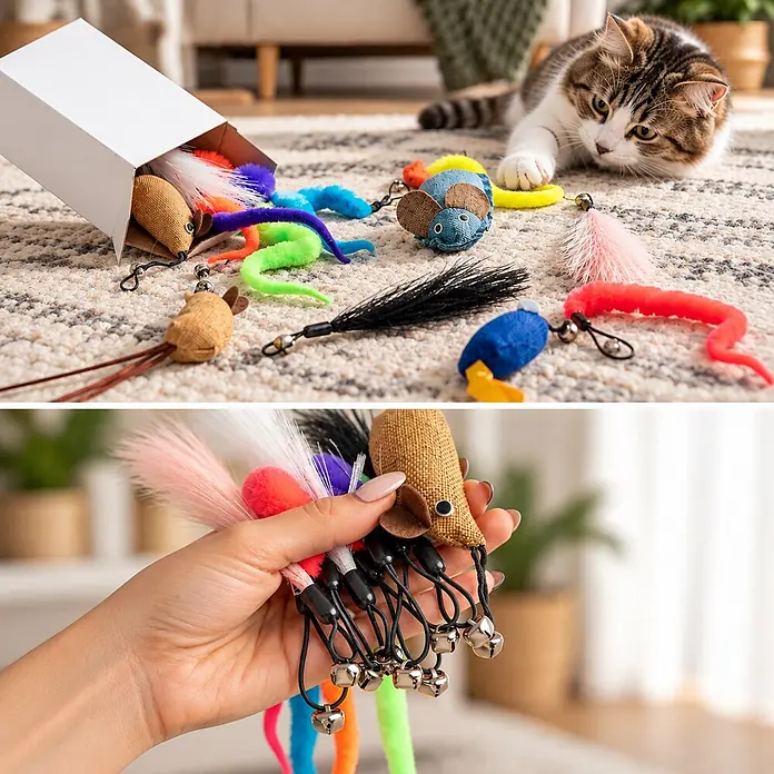 belviona Katzenspielangel ausziehbar mit 13 Anhängern, Federn & Mäusen -  - Buntes Set Katzenspielzeug mit Federstäben, Mäusen und Würmern, viele mit Glöckchen, gezeigt mit einer spielenden Katze und einer Hand, die sie hält.