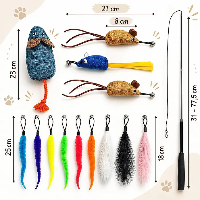 belviona Katzenspielangel ausziehbar mit 13 Anhängern, Federn & Mäusen -  - Katzen-Spielzeug-Set: 23cm blauer Plüschvogel, drei 8cm Mäuse, 31-77,5cm Angel, acht 18-25cm Wurm-/Federaufsätze.