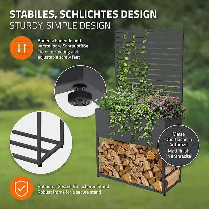 Pflanzkasten mit Rankgitter und Kaminholzregal für Innen und Außen -  - Matter anthrazitfarbener Metall-Pflanzkasten mit Spalier, bepflanzt und mit Brennholz. Verfügt über verstellbare Füße und einen robusten Rahmen.