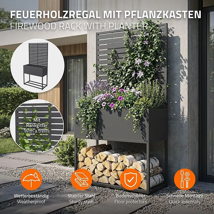 Pflanzkasten mit Rankgitter und Kaminholzregal für Innen und Außen -  - Dunkelgraues Stahl-Brennholzregal mit integriertem Pflanzkasten und Rankgitter, für Holz unten und Pflanzen oben im Außenbereich.