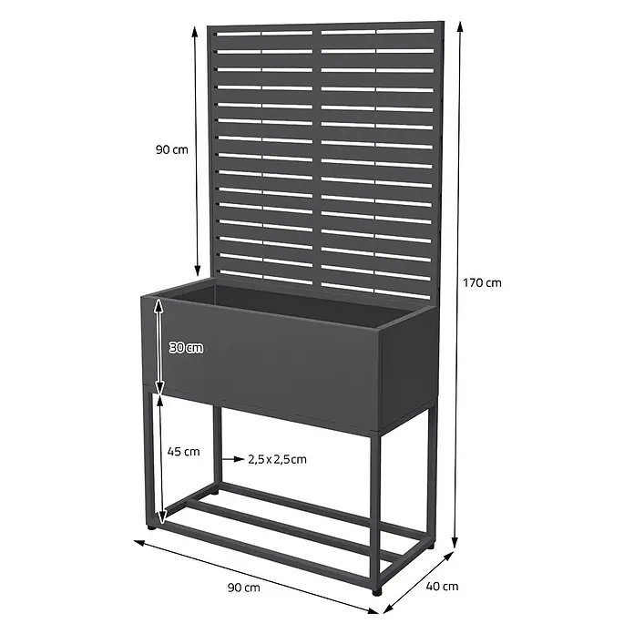 Pflanzkasten mit Rankgitter und Kaminholzregal für Innen und Außen -  - Dunkelgraues Hochbeet aus Metall mit integriertem Rankgitter für Kletterpflanzen.
