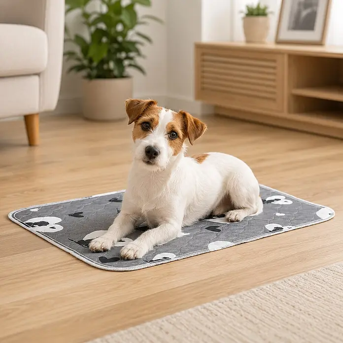 belviona Welpenunterlagen 2er Set, waschbar & wasserdicht, 61x46 cm -  - Ein kleiner Hund liegt auf einer grauen Haustiermatte mit Pfotenabdruck- und Herzmustern auf Holzboden im Wohnzimmer.
