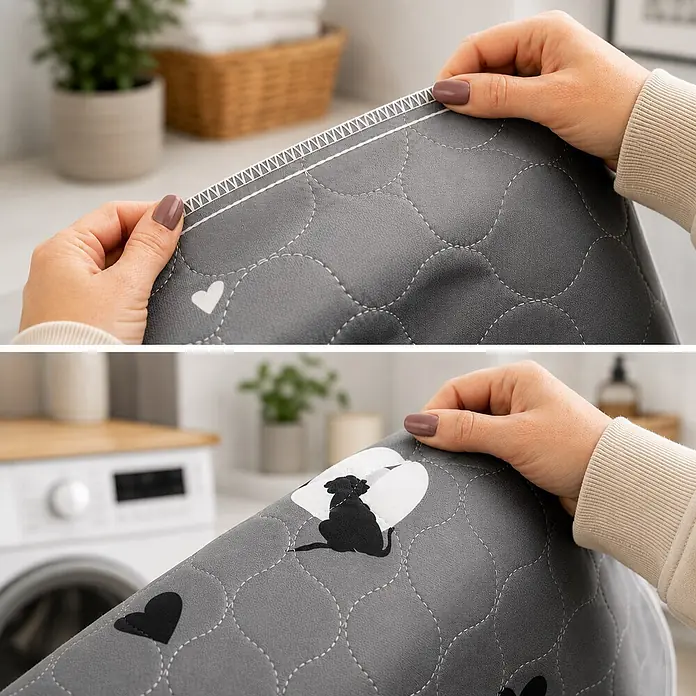 belviona Welpenunterlagen 2er Set, waschbar & wasserdicht, 61x46 cm -  - Person hält eine flexible, graue gesteppte Haustiermatte mit Herz- und Hundedesigns, die Textur und Nähte hervorhebt.