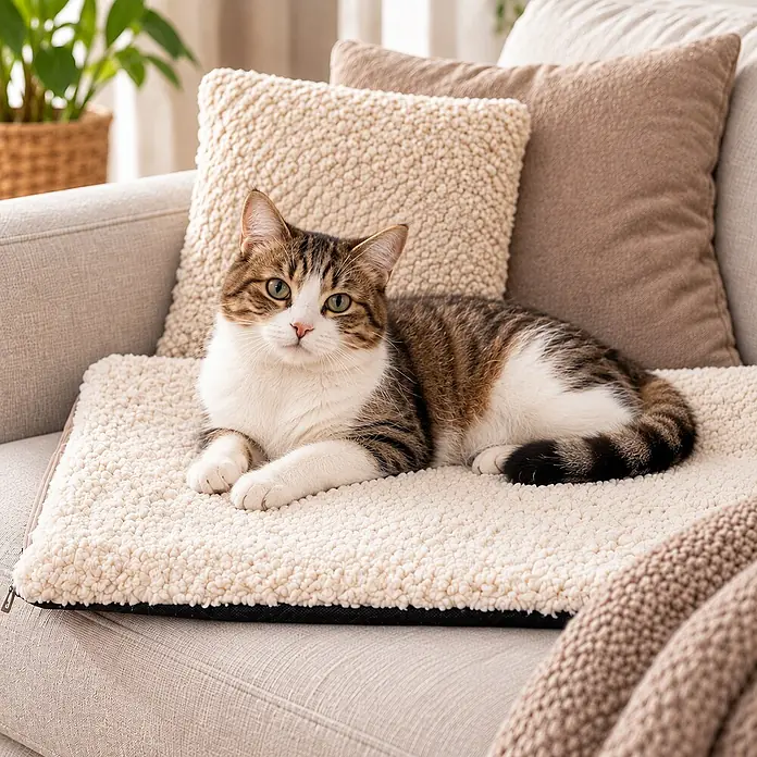 belviona Katzendecke selbstwärmend, rutschfest & waschbar, 60x45 cm, weiß -  - Cremefarbene flauschige Haustiermatte auf einem Sofa, die einer getigerten Katze einen gemütlichen Ruheplatz bietet.