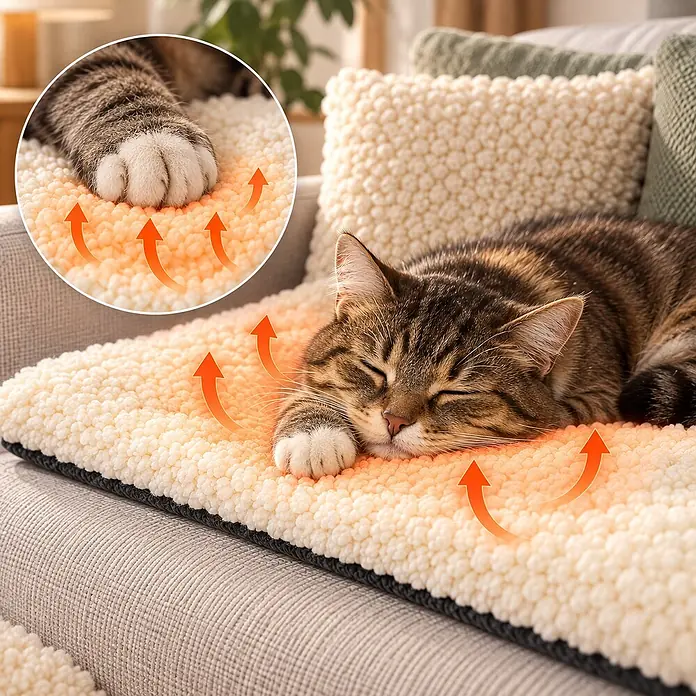 belviona Katzendecke selbstwärmend, rutschfest & waschbar, 60x45 cm, weiß -  - Flauschige, cremefarbene Heizmatte für Haustiere mit schlafender Katze. Orange Pfeile zeigen Wärme; Nahaufnahme einer Pfote.