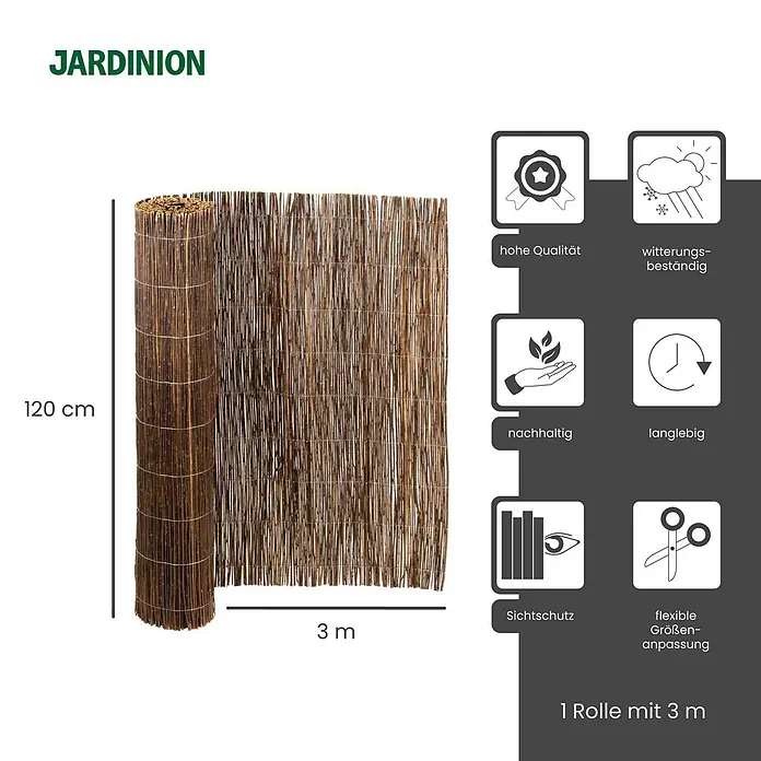 Jardinion Sichtschutz aus Weide 3m x 1,20m Braun Weidezaunmatte -  - Braune Schilf- oder Weidenzaunrolle, 120 cm hoch und 3 m lang, als Sichtschutz.