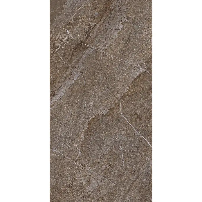 Feinsteinzeug in brauner Steinoptik 60x120, 20 mm, rutschhemmend -  - Texturierte braune Natursteinoberfläche mit weißen und hellgrauen Maserungen, Marmor-ähnlich.