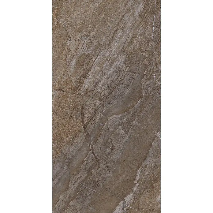 Feinsteinzeug in brauner Steinoptik 60x120, 20 mm, rutschhemmend -  - Braun-graue Fliese in Marmoroptik mit ausgeprägter Maserung und körniger Textur.