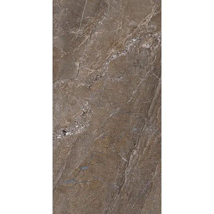 Feinsteinzeug in brauner Steinoptik 60x120, 20 mm, rutschhemmend -  - Dunkelbraune Marmoroptikfliese mit weißen und grauen Adern und körnigen Texturen.