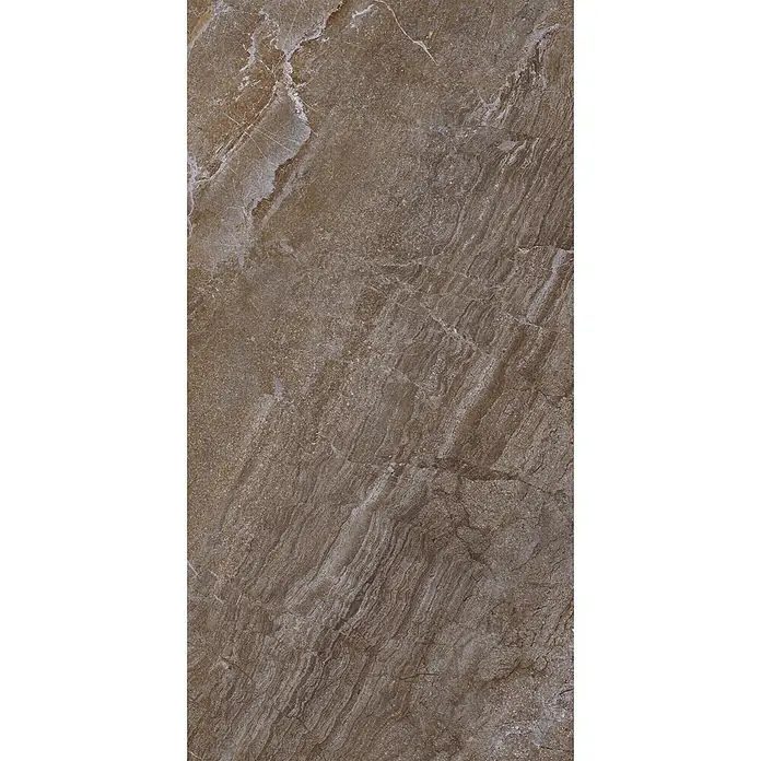 Feinsteinzeug in brauner Steinoptik 60x120, 20 mm, rutschhemmend -  - Erdbraune Marmorstruktur mit fließenden hellgrauen Adern.