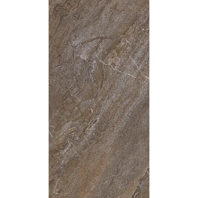 Feinsteinzeug in brauner Steinoptik 60x120, 20 mm, rutschhemmend -  - Braune Natursteinstruktur mit unregelmäßiger heller Äderung und feinen Körnungsbereichen.