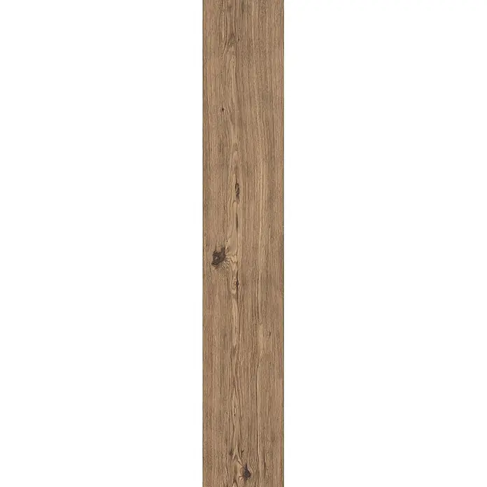 Feinsteinzeug in roher Nussbaumholzoptik 20x120, rutschhemmend -  - Naturbraune Holzplatte mit ausgeprägter Maserung und Ästen, ideal für Bodenbeläge oder Möbel.
