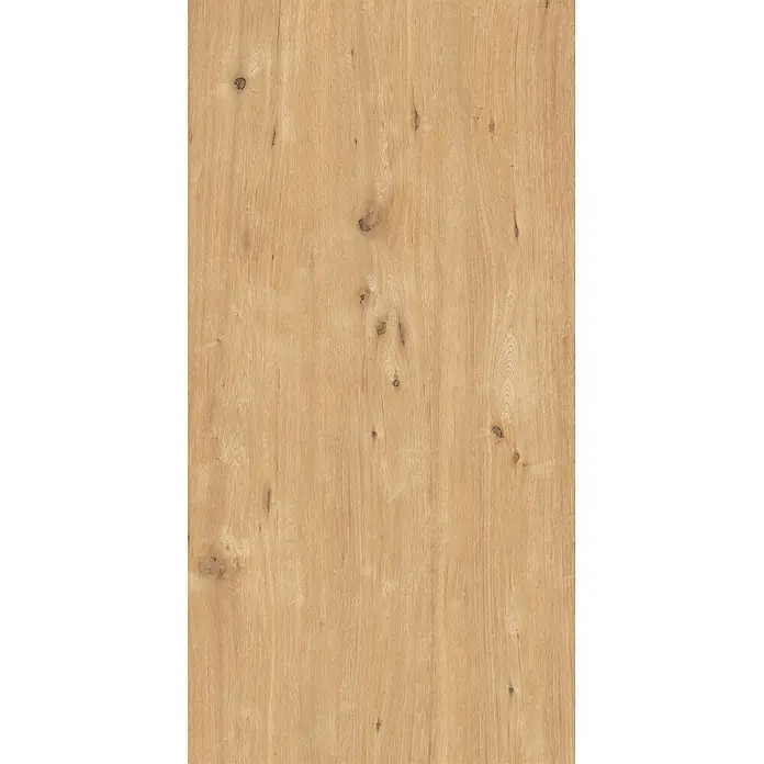 Feinsteinzeug in beiger Holzoptik 60x120, 20 mm, rutschhemmend -  - Helle Naturholzoberfläche mit sichtbarer Maserung und dunklen Ästen.