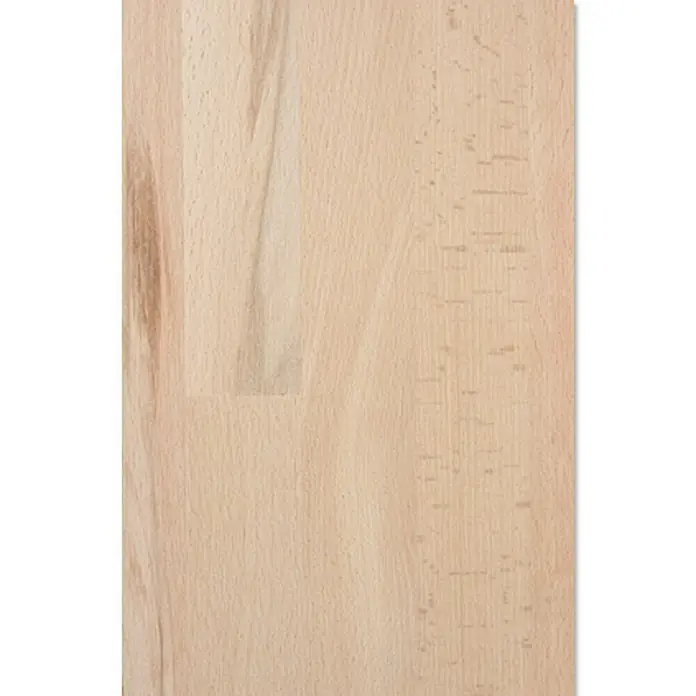Leimholzplatte nach Maß - Buche, Qualitätsstufe Leimholzplatte: B/C, Max. Zuschnittsbreite: 1.220 mm, Max. Zuschnittslänge: 2.500 mm, Stärke: 40 mm - Nahaufnahme einer hellen Holzplatte mit natürlicher Maserung und Textur für Möbelbau oder Innenausbau.