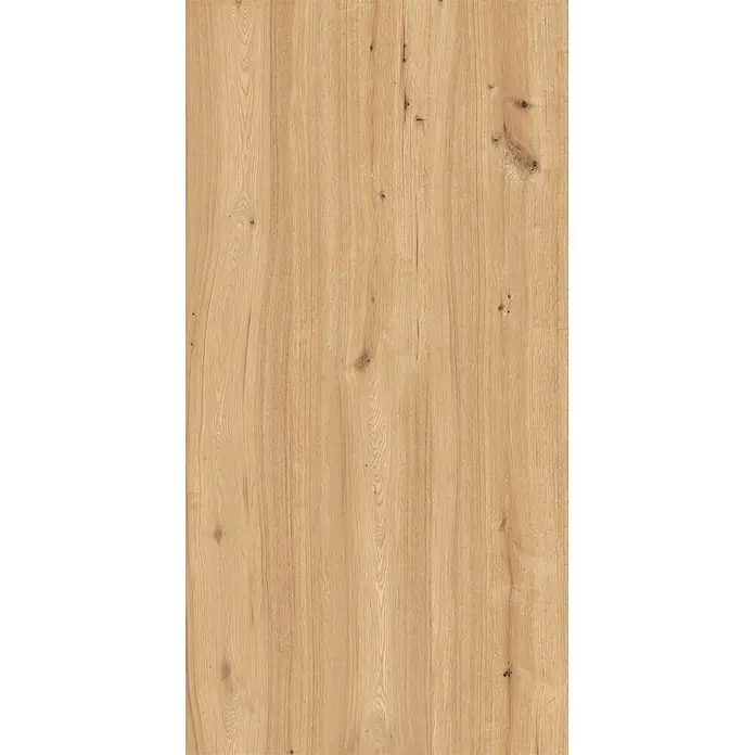 Feinsteinzeug in beiger Holzoptik 60x120, 20 mm, rutschhemmend -  - Helle Holzplatte mit natürlicher Eichenmaserung und sichtbaren Ästen, geeignet für Möbel oder Fußböden.