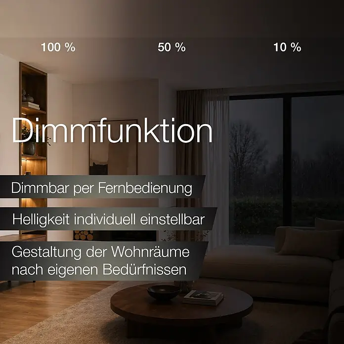 Brilliant LED-Panel rund Tuco - 33 W, Ø x H: 50 x 3 cm - Dimmbare Beleuchtung im modernen Wohnzimmer, zeigt 100%, 50% und 10% Helligkeitsstufen, per Fernbedienung anpassbar für individuelles Ambiente.