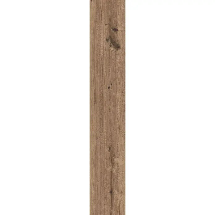 Feinsteinzeug in matter roher Nussbaumholzoptik 20x120 - Ital. Fliesen -  - Vertikale Holzplatte mit natürlicher brauner Maserung und sichtbaren Ästen.