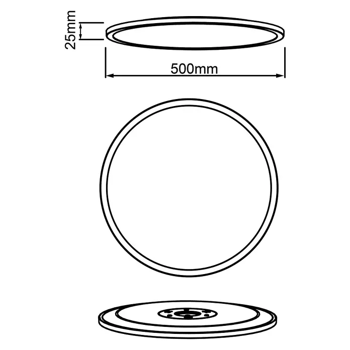 Brilliant LED-Panel rund Tuco - 33 W, Ø x H: 50 x 3 cm - Technisches Diagramm eines runden Objekts: 500mm Durchmesser, 25mm Höhe. Ansichten von Seite, oben und unten.