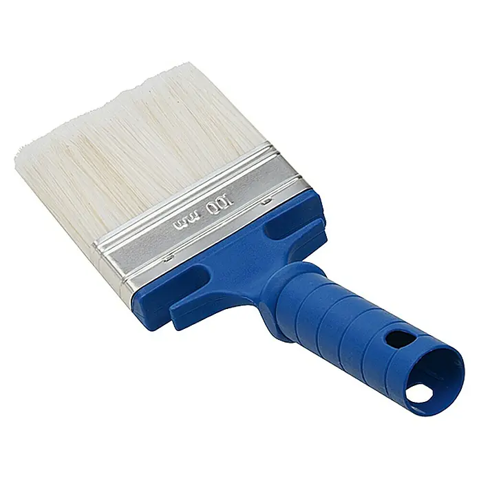 Knauf Easyputz-Spezialwerkzeug - Finishpinsel, Breite Borsten: 100 mm - Bild einer Flachpinsel mit blauem Griff und weißen Borsten, ideal für Malerarbeiten und zum Auftragen von Farben.