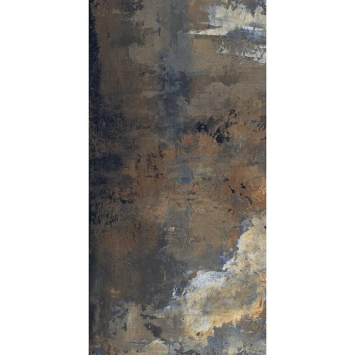 Feinsteinzeug in industrieller Corten Betonoptik 60x120 - Ital. Fliesen -  - Dunkle, rustikale Texturfläche in Braun, Schwarz und Blau-Grau, die gealtertes Metall oder Beton ähnelt.