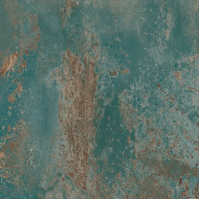 Feinsteinzeug in oxidierter grüner Metalloptik 60x120 - Ital. Fliesen -  - Gealterte türkisblaue Oberflächenstruktur mit braunen Rosteffekten, ideal für Boden- oder Wandfliesen.