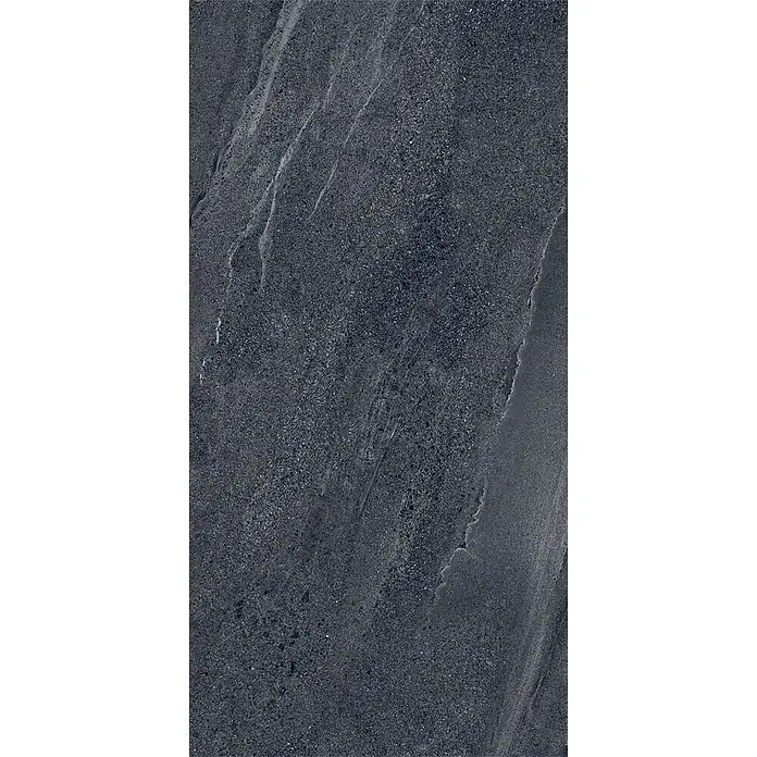 Feinsteinzeug in schwarzer Steinoptik 30x60 - Italienische Fliesen -  - Dunkelgraue Steinoptikfliese mit heller Maserung und strukturierter Oberfläche für Böden oder Wände.