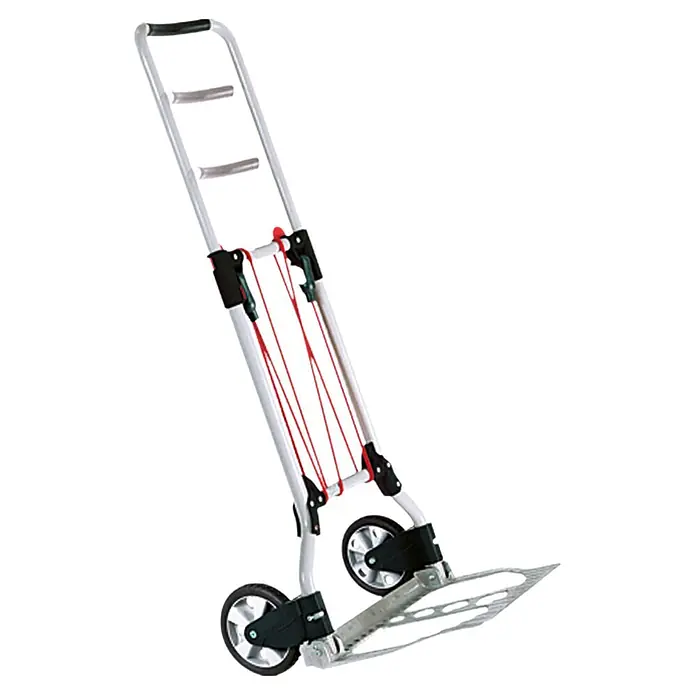 Wolfcraft Transportsystem TS 600 - 70 kg, Stufenlos höhenverstellbar - Ein zusammenklappbarer, silberner Treppensteiger-Sackkarren mit einem schwarzen Griff und roten elastischen Bändern zur Sicherung von Lasten.