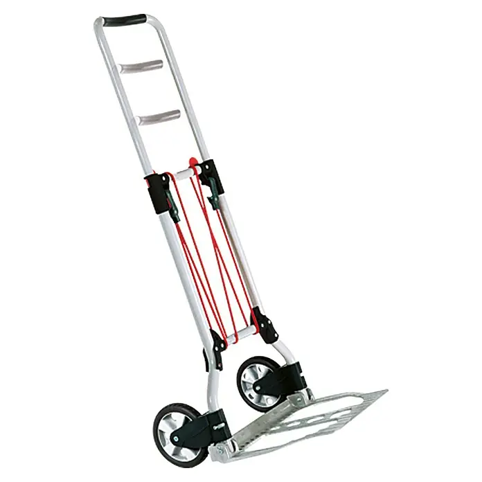 Wolfcraft Transportsystem TS 600 - 70 kg, Stufenlos höhenverstellbar - Ein zusammenklappbarer, silberner Treppensteiger-Sackkarren mit einem schwarzen Griff und roten elastischen Bändern zur Sicherung von Lasten.