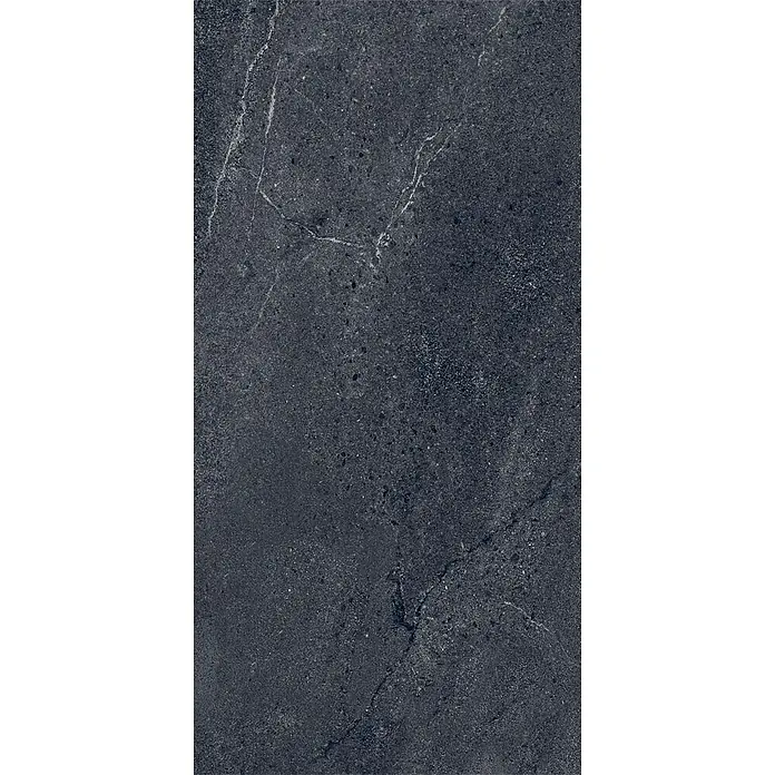 Feinsteinzeug in schwarzer Steinoptik 30x60 - Italienische Fliesen -  - Dunkelgraue, texturierte Steinplatte mit heller Maserung.