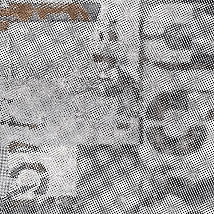 Dekorierte industrielle Feinsteinzeug Wandfliese in Grau - Ital. Fliesen -  - Abstraktes Halbtonmuster in Grau und Braun mit zerrissenen geometrischen Formen und Textfragmenten.