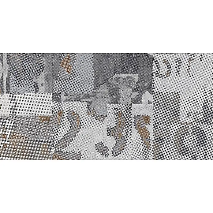 Dekorierte industrielle Feinsteinzeug Wandfliese in Grau - Ital. Fliesen -  - Abstraktes Halbtonmuster mit Zahlen und geometrischen Formen in Grau, Weiß und Braun.