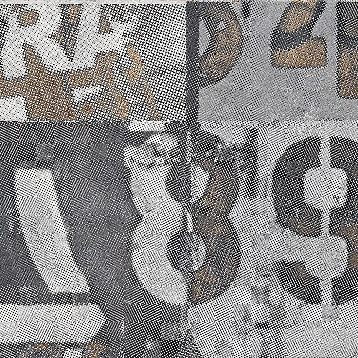 Dekorierte industrielle Feinsteinzeug Wandfliese in Grau - Ital. Fliesen -  - Abstrakte Zahlen-Collage mit Halbtonpunkten in Grau, Weiß und Bronzetönen.