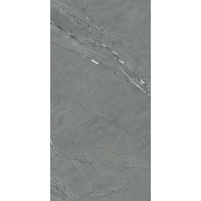 Feinsteinzeug in Sandstein matter anthrazit Steinoptik 60x120 -  - Dunkelgraue Steinplatte mit markanten weißen und hellgrauen Maserungen.