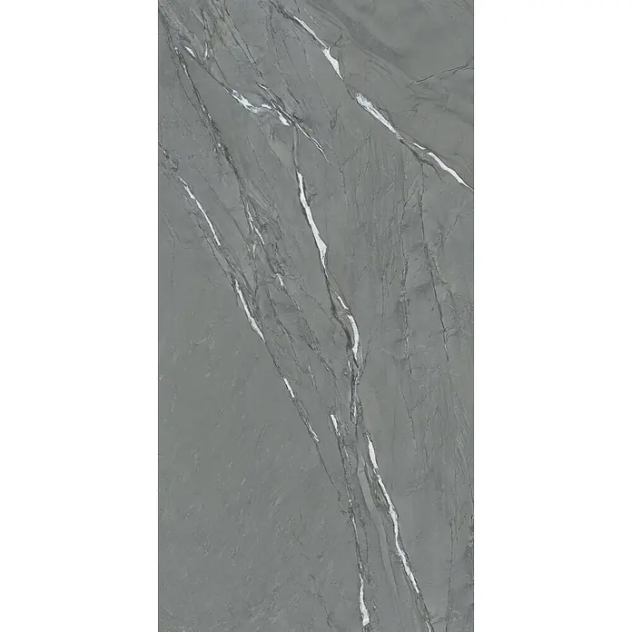Feinsteinzeug in Sandstein matter anthrazit Steinoptik 60x120 -  - Graue, marmorähnliche Platte mit auffälliger weißer und hellgrauer Maserung.