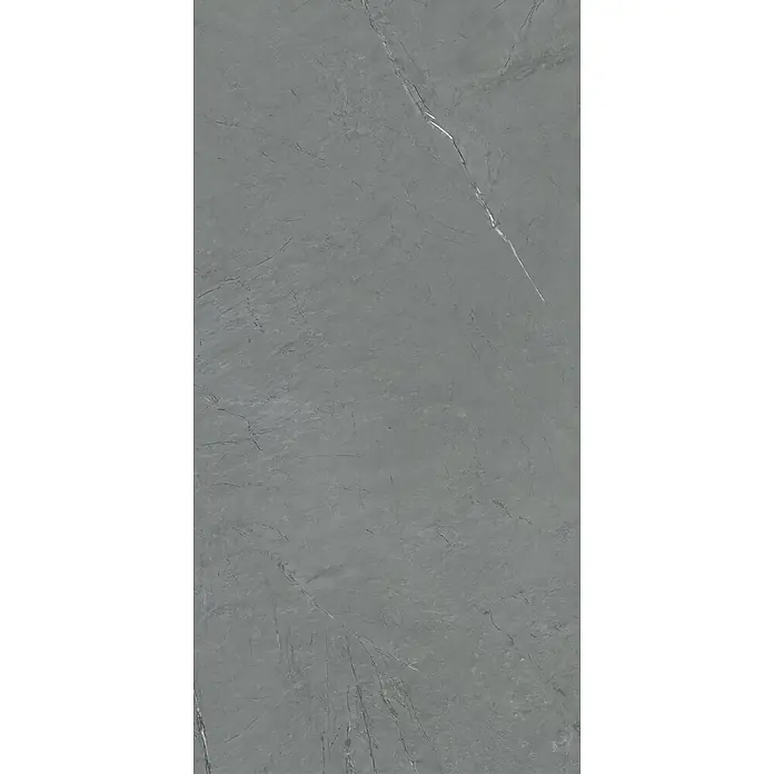 Feinsteinzeug in Sandstein matter anthrazit Steinoptik 60x120 -  - Dunkelgraue Steinplatte mit markanten weißen und subtilen grauen Maserungen, ideal für moderne Oberflächen.