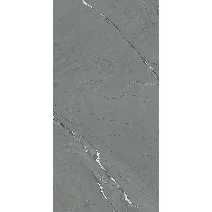 Feinsteinzeug in Sandstein matter anthrazit Steinoptik 60x120 -  - Grau marmorierte Fliese mit markanten weißen Adern, geeignet für moderne Innenflächen.