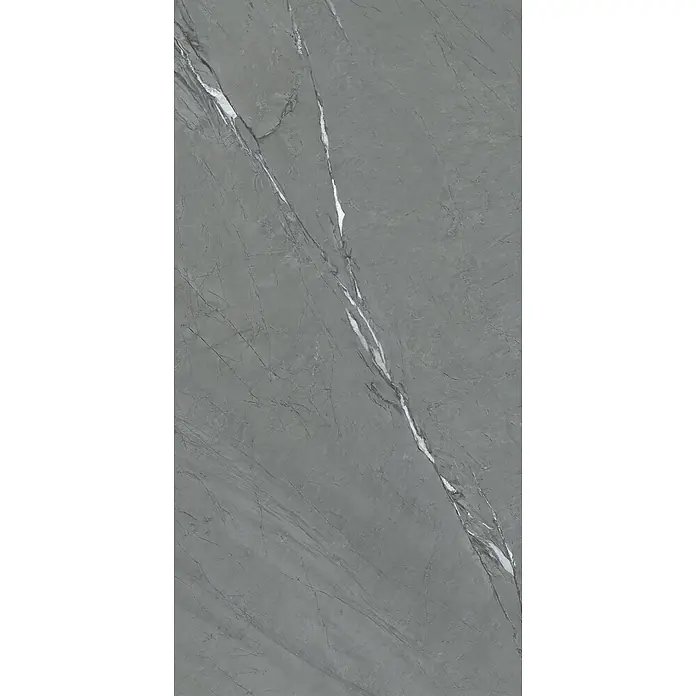Feinsteinzeug in Sandstein matter anthrazit Steinoptik 60x120 -  - Dunkelgraue Marmorplatte mit markanten weißen und hellgrauen Adern.