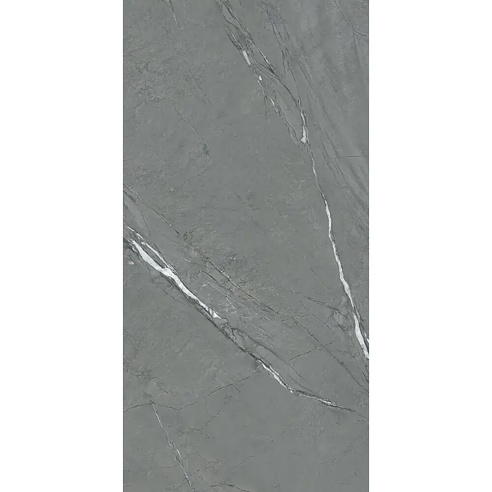 Feinsteinzeug in Sandstein matter anthrazit Steinoptik 60x120 -  - Graue Marmorplatte mit markanter weißer Äderung.