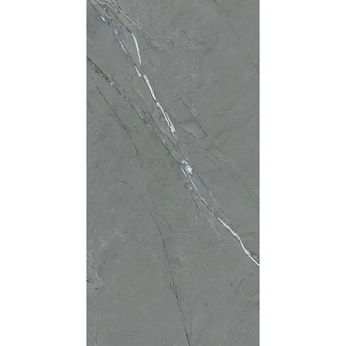 Feinsteinzeug in Sandstein matter anthrazit Steinoptik 60x120 -  - Graue Marmorfliese mit markanten weißen und hellgrauen diagonalen Adern.