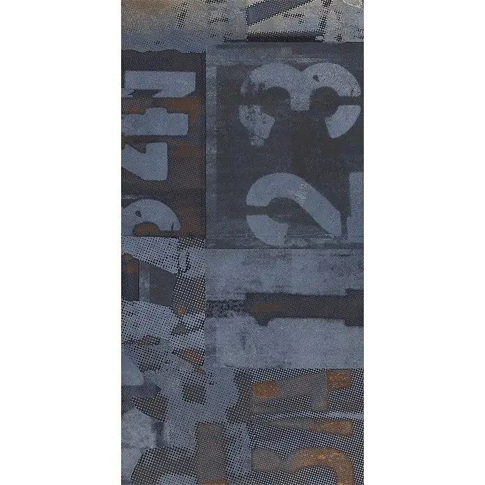 Dekorierte industrielle Feinsteinzeug Wandfliese in Blau - Ital. Fliesen -  - Abstrakte blau-graue und dunkelgraue Fliese mit distressedem Rasterpunktmuster, rostroten Akzenten und geometrischen Formen.