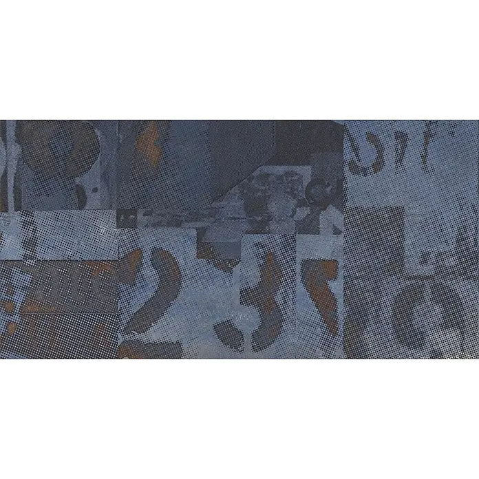 Dekorierte industrielle Feinsteinzeug Wandfliese in Blau - Ital. Fliesen -  - Strukturierte blau-graue und rostbraune Platte mit Halbtonpunkten und verblassten Zahlen im urban-industriellen Stil.