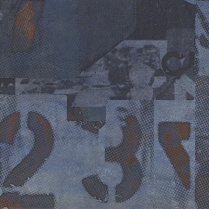 Dekorierte industrielle Feinsteinzeug Wandfliese in Blau - Ital. Fliesen -  - Blaugraue Grunge-Textur mit Halbtonpunkten und Zahlen '234' in Dunkelblau und Rost.