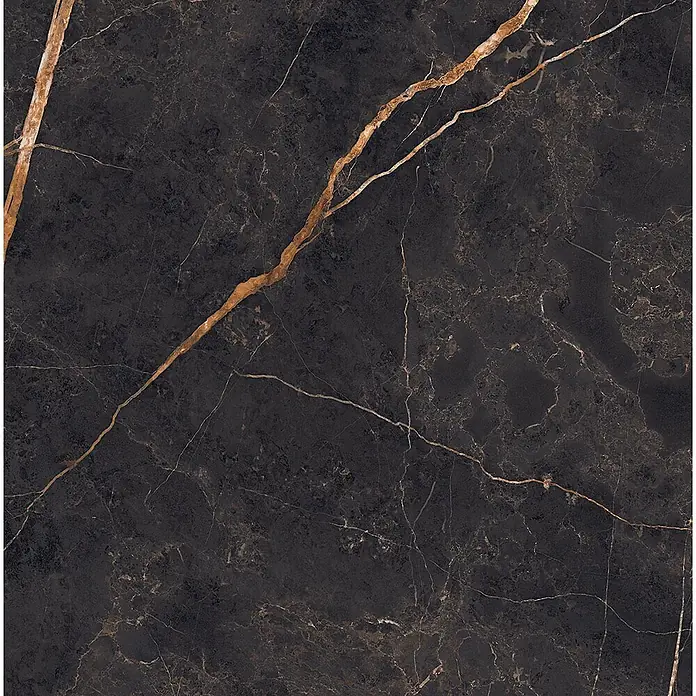 Feinsteinzeug in glänzender Marmoroptik 30x60 - Italienische Fliesen -  - Dunkle Marmorplatte mit markanten goldenen und hellbraunen Adern.
