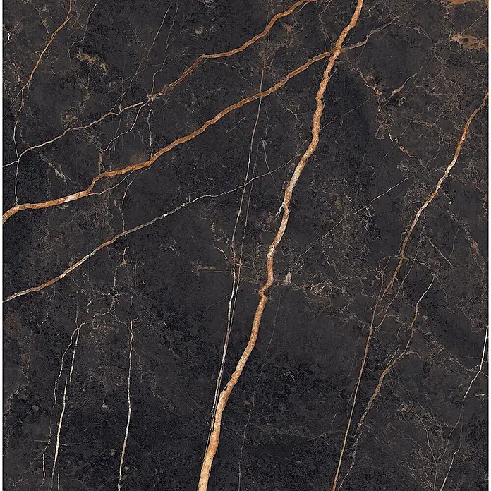 Feinsteinzeug in glänzender Marmoroptik 30x60 - Italienische Fliesen -  - Schwarze Marmorfliese mit auffälliger goldener und dezenter weißer Maserung.