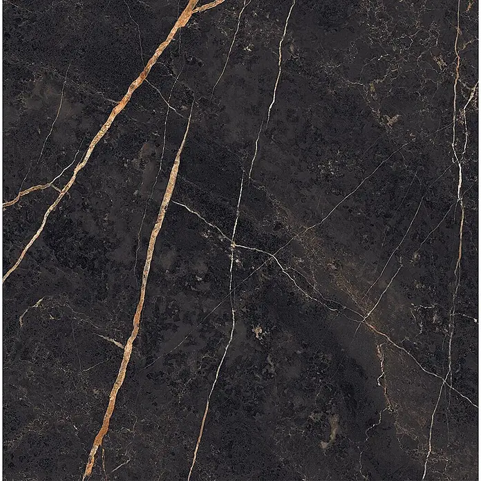 Feinsteinzeug in glänzender Marmoroptik 30x60 - Italienische Fliesen -  - Dunkle Marmorplatte mit markanten goldenen und bronzefarbenen Adern für elegante Oberflächen.